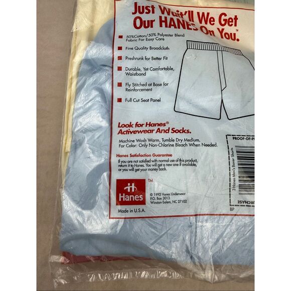 Vintage 1992 HANES Mens Boxers Full Cut M 3 Pack White USA 34-36 NOS 50/50 - Picture 6 of 8